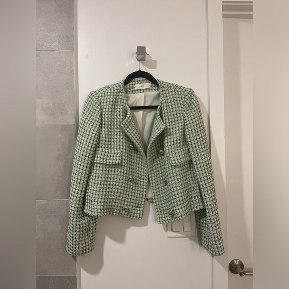 Mango Double-Breasted Round Neck Tweed Jacket Green Multi Size M - Picture 3 of 5